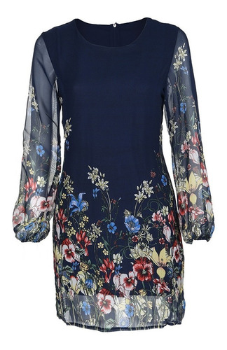 Vestido Elegante Talla S Azul Floral De Gasa Nuevo En Stock