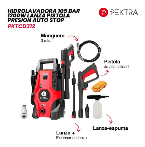 Imagen 7 de 10 de Hidrolavadora eléctrica Pektra PK100-1700 de 1700W con 110bar de presión máxima 220V