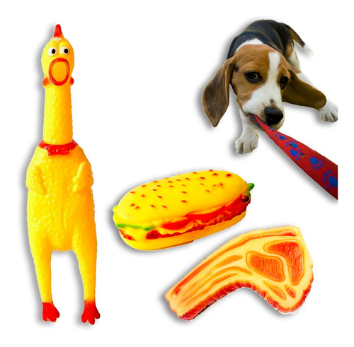 Imagem 2 de 6 de Kit Pt Brinquedo Sonoro P/ Cães Galinha Borracha Mordedor