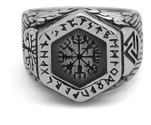 Anillo Acero Color Plata Vikingo Brujula Runa Valknut Hombre