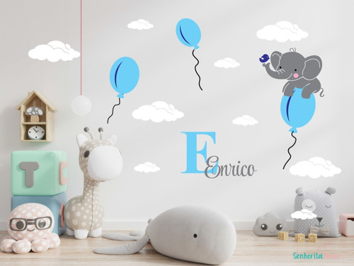 Adesivo De Parede Decoração Infantil Elefante Balões Nuvens