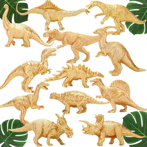 Figuras De Dinosaurios De Plástico Dorado Metálico, 12 Figur