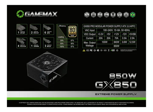 Gamemax GX Pro GX850PBKPS18810BR fonte 850w 80 gold full modular