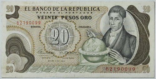 Billete 20 Pesos 02/ene/1969 Colombia Xf