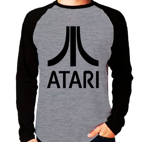 Camiseta Raglan Manga Longa Atari Jogo Game Cinza Mescla