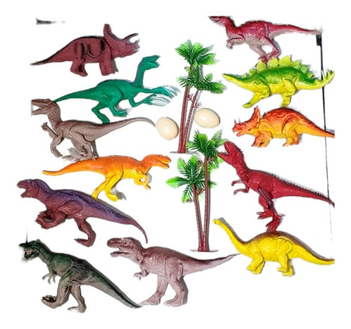 Set De 12 Dinosaurios Medianos Surtido + 2 Huevo + 2 Plantas