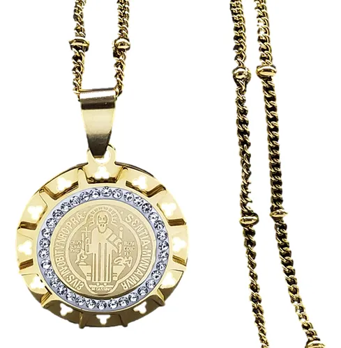 comprar Colla Medalla San Benito Dorado Color Oro Para Mujer Dije Y Cadena En Acero Inoxidable Sacramento Cristiano Colgante Católico Religioso Protección Cruz Romana