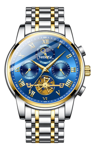 Reloj De Cuarzo Inoxidable De Lujo Luminous Nibosi 2507 Fondo Silver Gold Blue