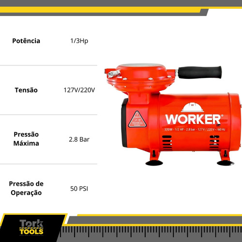 Compressor Ar Direto 1/2hp Biv 250w C/ Pistola 371629 Worker
