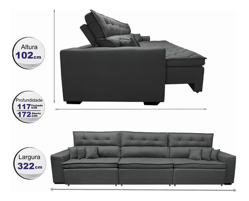 Sofá Austin 3,22m Retrátil, Reclinável com Molas no Assento e Almofadas, Suede Cinza Cama inBox