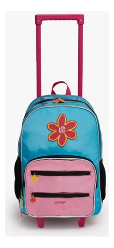 Mochilas Escolar Con Carro Flor Y Glitter 43cm Zaphir Color Celeste