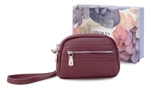 Monedero Doble Cierre Bolsillo Monedas Dama Lincolns Color Bordeaux Merlot