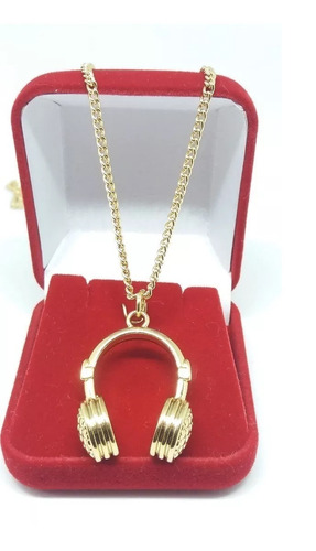 Colar Com Pingente Fone De Ouvido Dj Banho Ouro 18k