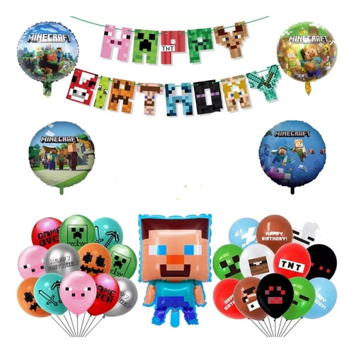 Set Decoración Globos Mas Banderín Minecraf Cumpleaños 