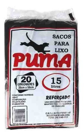 Saco De Lixo Reforçado Preto Puma Com 20 Unidades 15 Litros