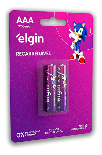 02 Pilhas Baterias AAA 900mAh Elgin Recarregável 3A Palito 1 Cartela