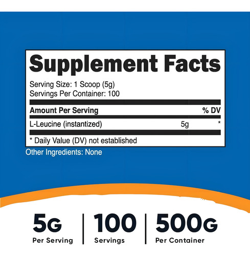 L Leucina 5g de apresentação: 500g em pó com 100 serviços, sabor sem sabor