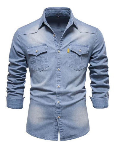 Camisa Vaquera De Manga Larga De Color Liso Para Hombre Vint