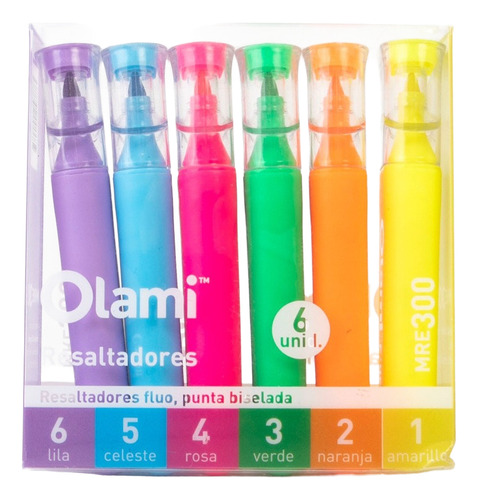Resaltadores Fluor Chato Olami Estuche X 6 Unidades Flúor