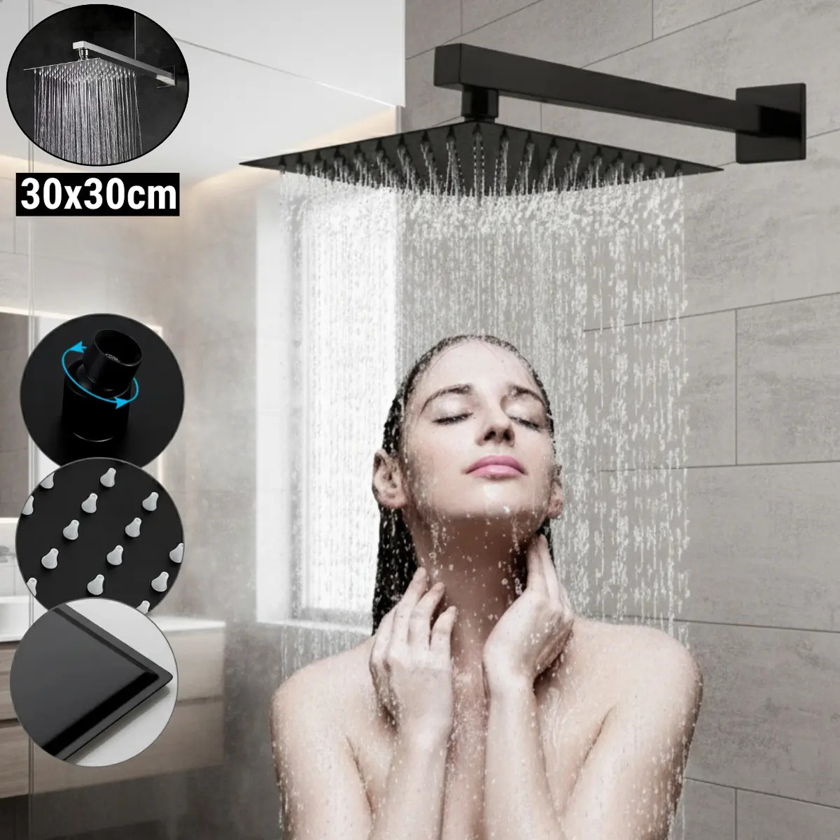 Ducha Chuveiro Fria 30x30 Piscina Área Externa Interna E Banheiros 100% Metal Aço Inoxidável Preto Fosco Braço De 40cm - Softinox
