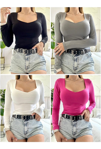 Remera Manga Larga Escote Corazón De Modal Mujer