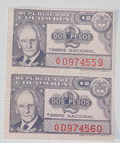 Imagen 1 de 2 de Sello Estampilla X2  Consecutivos Antigua Dos Pesos Colombia