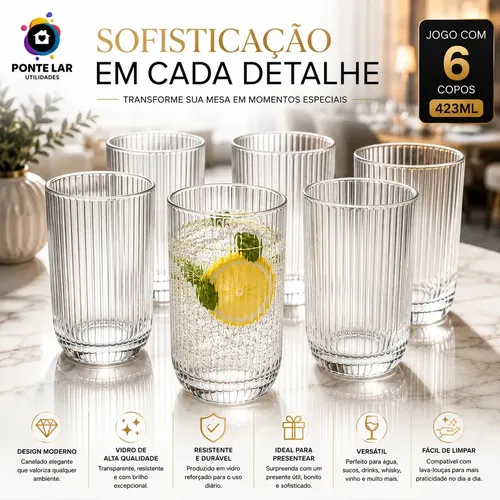 Jogo 6 Copos Vidro Canelado 423ml
