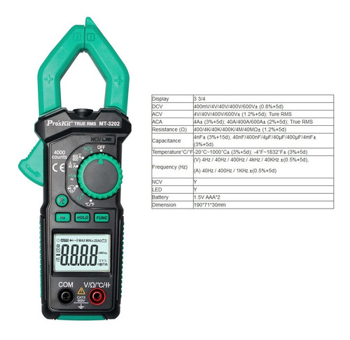Pinza Amperometrica Proskit Mt-3202 Capacimetro True Rms