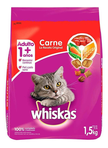 Imagen 1 de 1 de Alimento Whiskas Original para gato adulto sabor carne en bolsa de 1.5kg