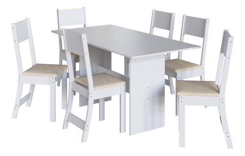 Conjunto Sala De Jantar Mesa 150cm Com 06 Cadeiras Indekes Cor Branco Desenho do tecido das cadeiras Liso