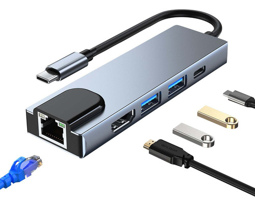 Adaptador De Hub De Red Tipo C 5 En 1 Multidivisor Con Hdmi