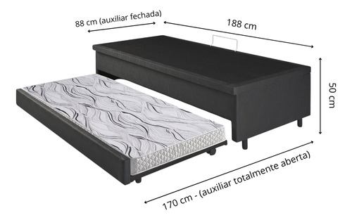 Bicama C/ Baú Courino Linho Preto 88x188 C/colchão Auxiliar