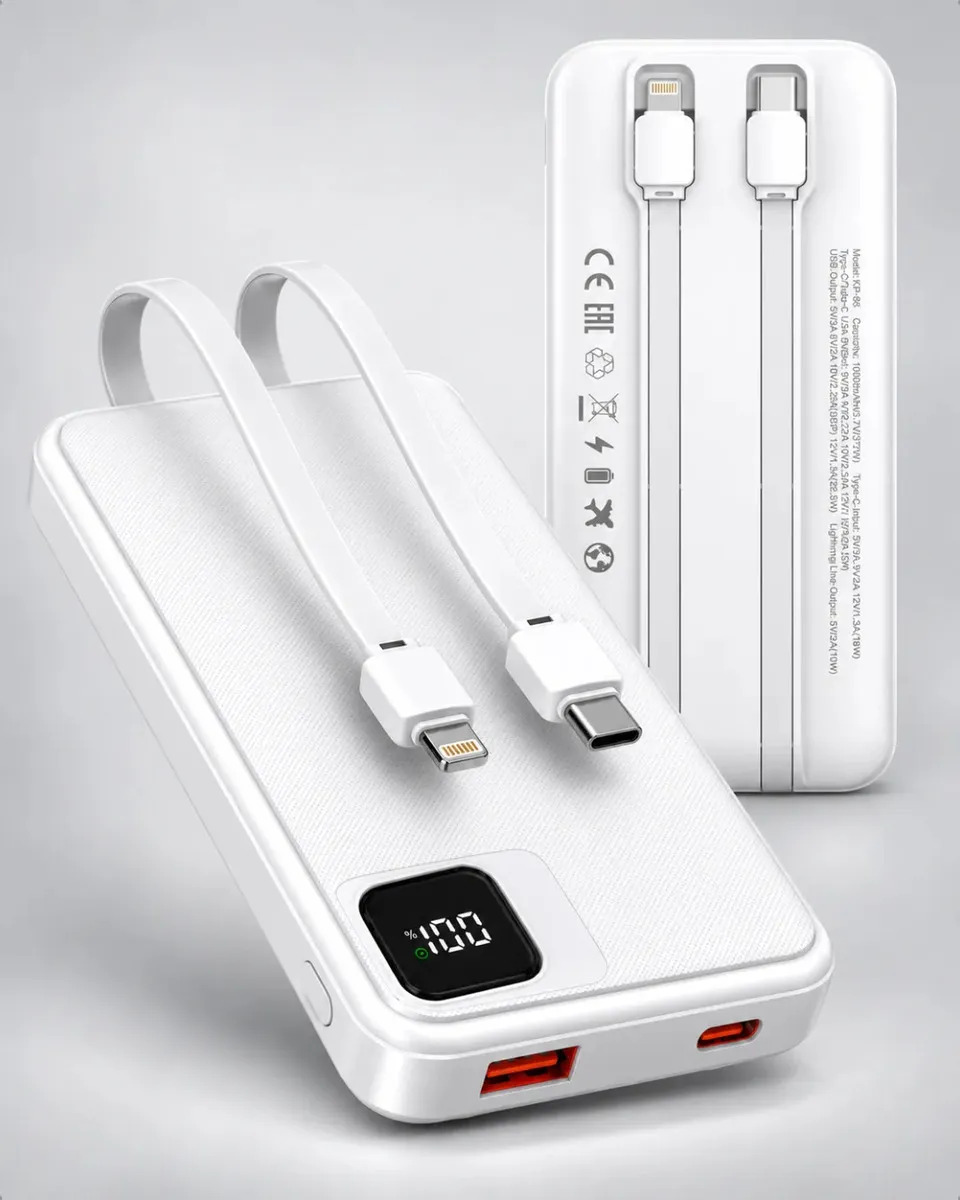 Power Bank 10000 mah Turbo 22.5w Carregador Portátil Display Digital Usb C Universal iPhone Samsung Xiaomi Motorola Audiophile Branco