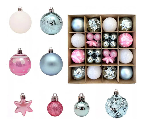 Set De Esferas Y Adornos Navideños Dk, 42 Unidades, Rosa Y A
