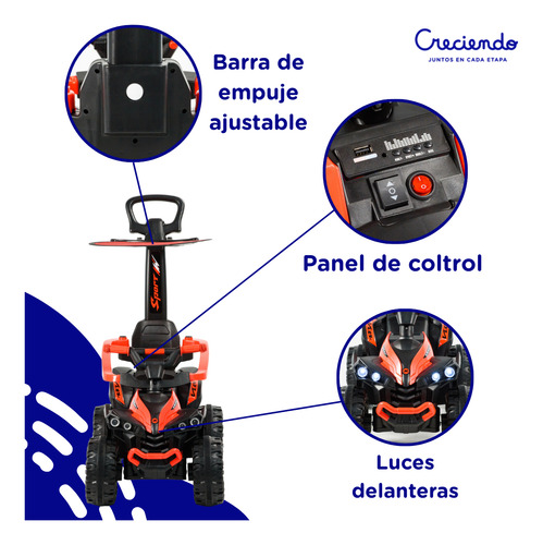 Cuatriciclo A Batería 6v Bluetooth Barra De Empuje Y Música