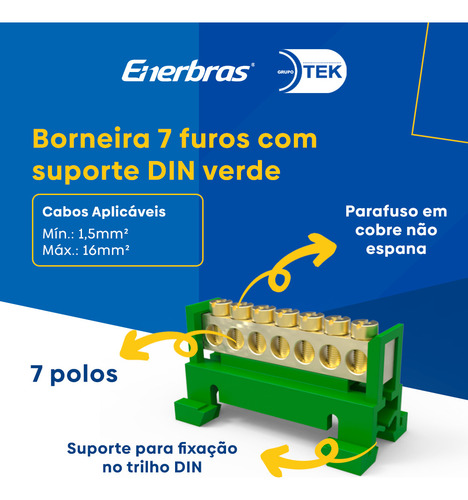Kit Com 5 Barramentos Borneira Para Fio Terra Verde 7 Polos