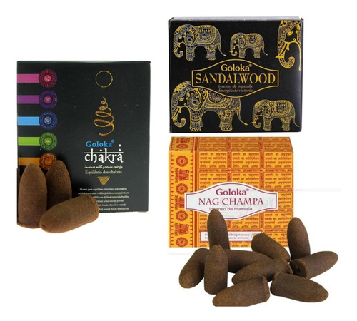 Incenso Cone Cascata Goloka Kit Com 3 Aromas 30 Cones 