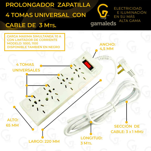 Imagen 3 de 6 de Prolongador Zapatilla 4 Tomas Universal Cable 3metros Cambre