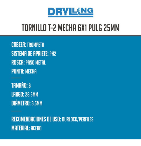 Tornillos Autoperforantes T2 Mecha 6x1 X 100 Unidades