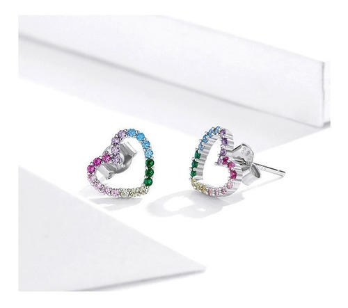 Aros De Plata S925 Con Circones Arcoiris Diseño Corazon