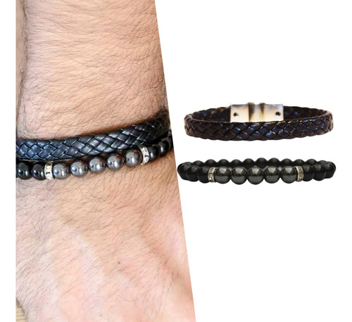 Kit Pulseiras Masculinas Ônix Com Hematita + Couro Trançado