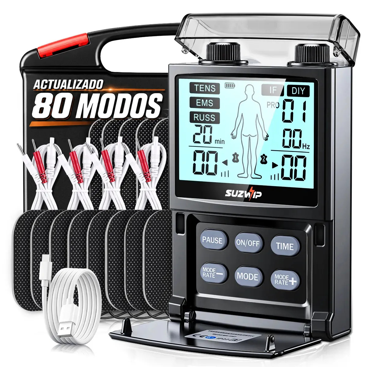 Electroestimulador Muscular Profesional TENS/EMS Gurkitsy, 80 Modos, 4 Canales, 10 Almohadillas, 30 Niveles, Batería 880mAh, Temporizador, Pantalla LCD, para Recuperación y Relajac