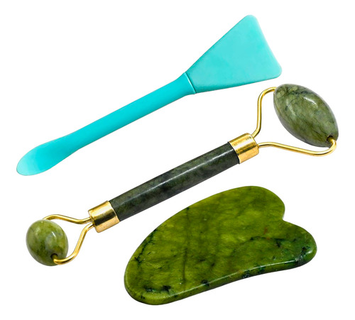 Set De Cuidado Facial Diler 3pzs Con Rodillo Para Masaje Piedra Gua Sha Y Espátula De Silicón Color Aqua 2 En 1 Reutilizable Fácil De Usar Y Apto Para Todo Tipo De Piel Ideal Para Skincare Diario