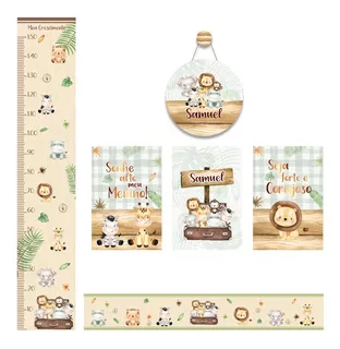 Kit Decorativo Safari Menino Quadros Faixa Régua De Crescime