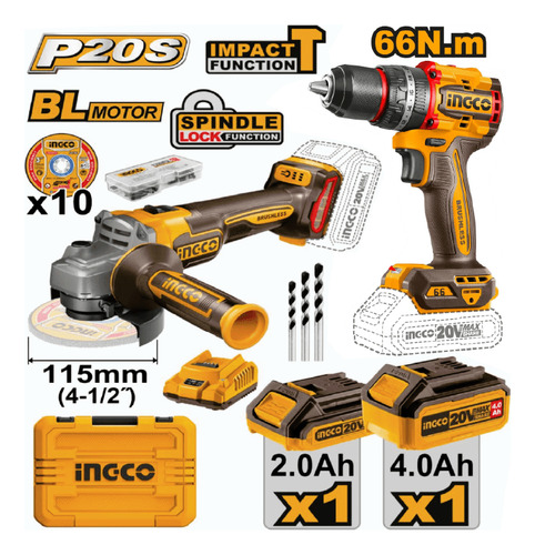 Combo Taladro Percutor 66nm + Amoladora Angular 4 1/2 Ingco