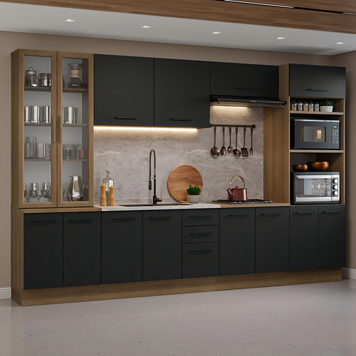 Armário De Cozinha Completa 340cm Agata Madesa 01 Cor Rustic/preto