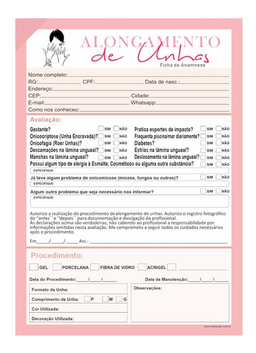 Imagem 2 de 4 de Ficha Anamnese Alongamento De Unhas + Cuidados Blocos 100fls