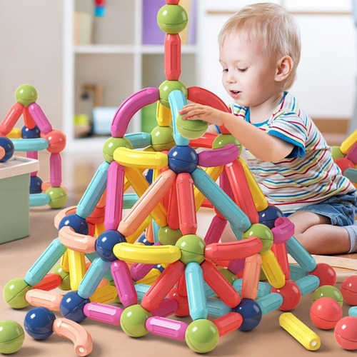 Blocos De Construção Magnéticos Educativo De Montar 128 Peças Jogo Infantil Interativo Com Bastões E Bolas, Seguro E Resistente, Estimula Criatividade, Coordenação Motora E Raciocínio Lógico