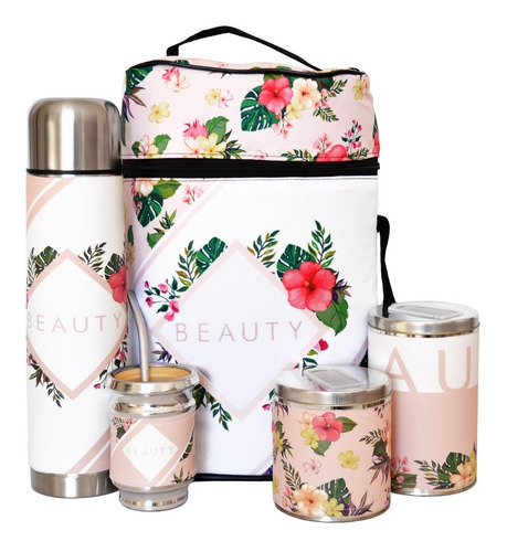 Equipo De Mate Completo Beauty Cuero Set Kit Matero Flores