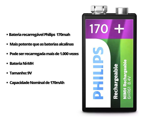 Pilha Bateria 9v Recarregável Ideal P/equipamentos Micofones